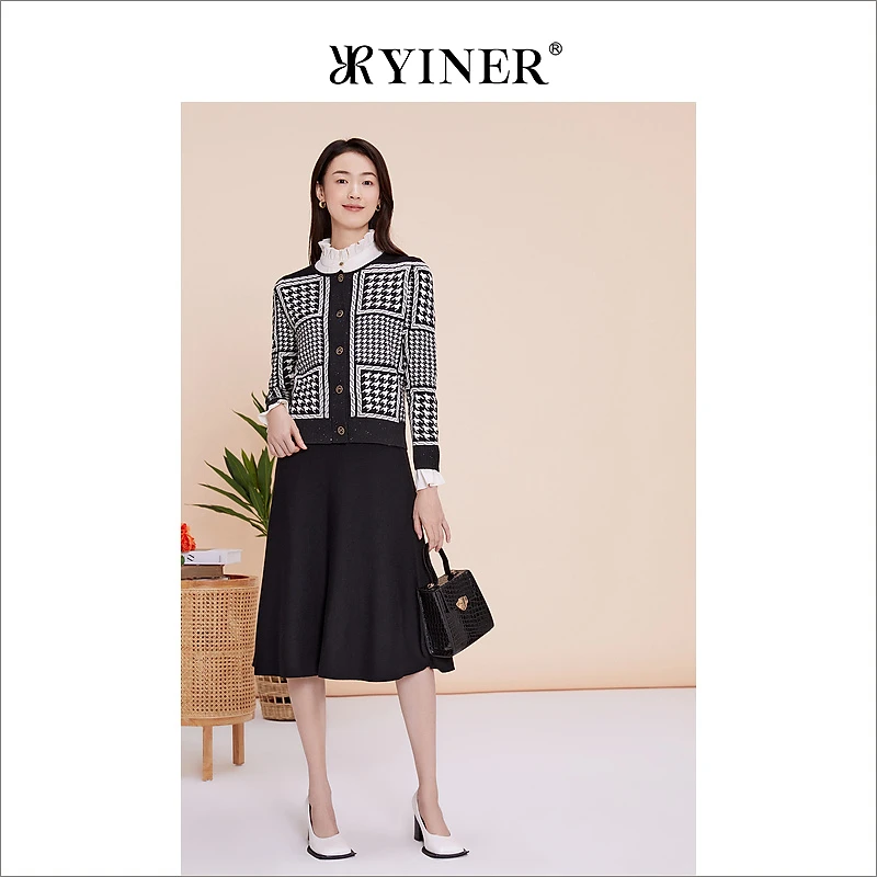 YINER音儿专选女装春季法式千鸟格圆领针织衫薄外套
