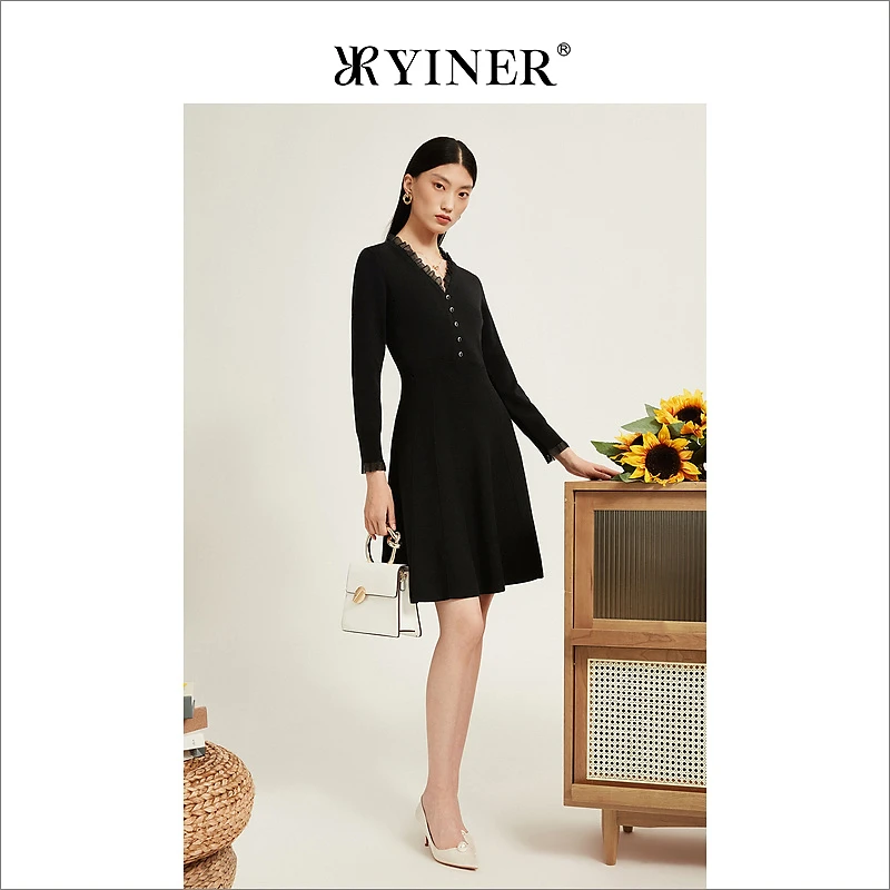 【美丽诺羊毛】YINER音儿专选冬针织气质小黑裙连衣裙