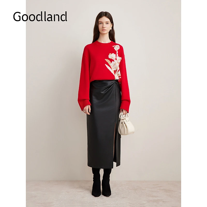 Goodland美地2024冬季新款羊毛撞色印花正红毛针织衫套头上衣