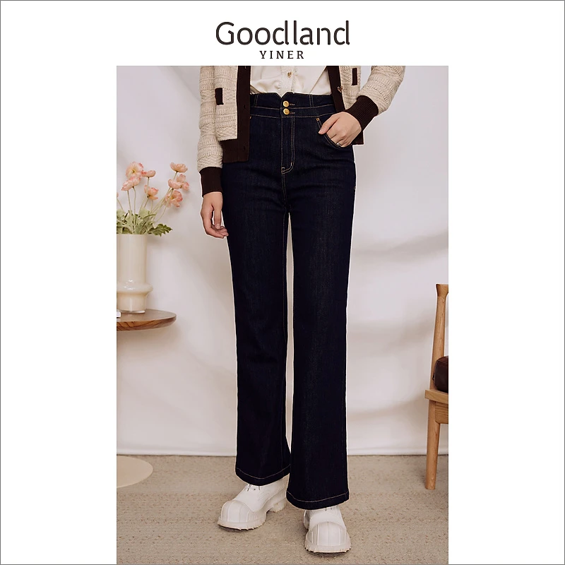 【聚暖白鹅绒】Goodland美地女装冬季修身喇叭牛仔裤