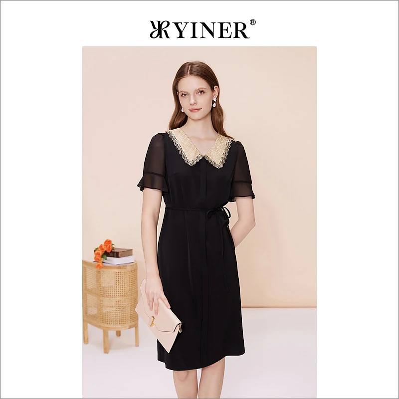 YINER音儿专选女装夏季法式优雅蕾丝拼接翻领收腰修身连衣裙