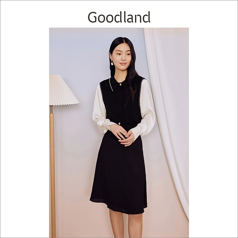 Goodland美地女装秋季时尚假两件针织衫套头