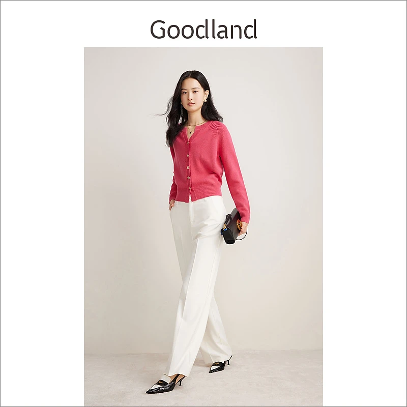 Goodland美地女装春季小香风半开领纯羊毛针织开衫