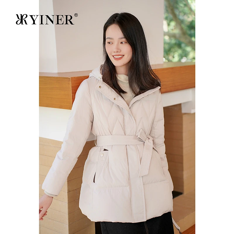 YINER音儿专选冬季时尚一手长系带收腰撞色连帽保暖羽绒服