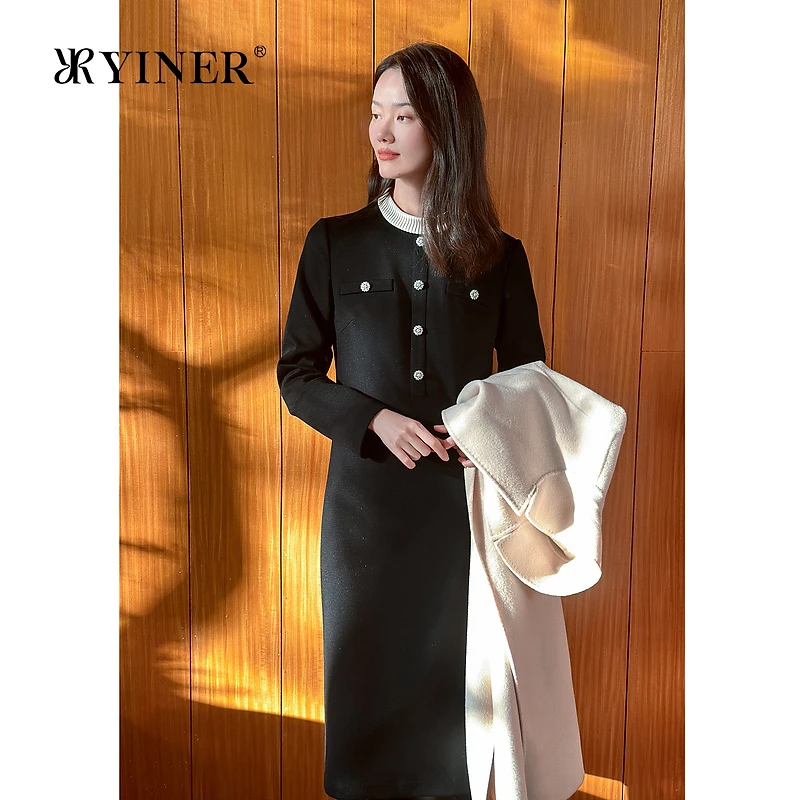 YINER音儿专选2025春季新款法式撞色欧若智性风小香亮丝连衣裙