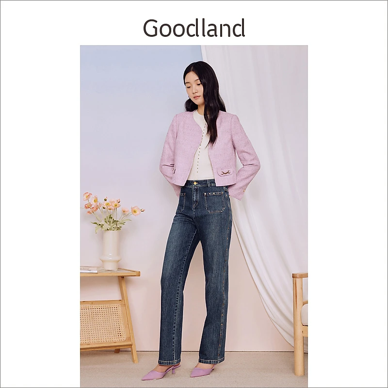 Goodland美地女装秋季复古简约直筒牛仔裤百搭海军蓝长裤