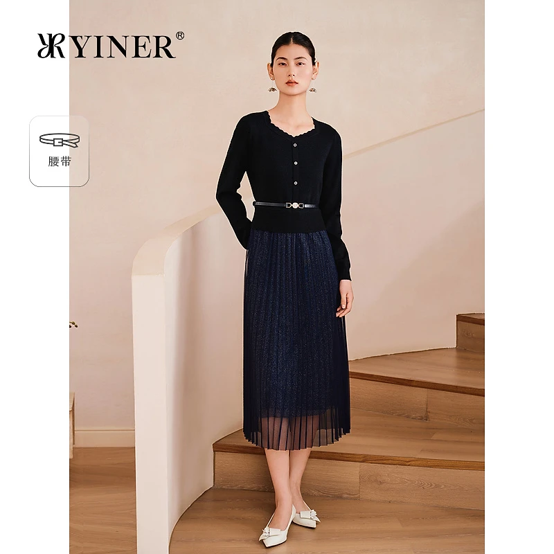 YINER音儿专选2025春季新款法式欧若智性风针织假两件网纱连衣裙