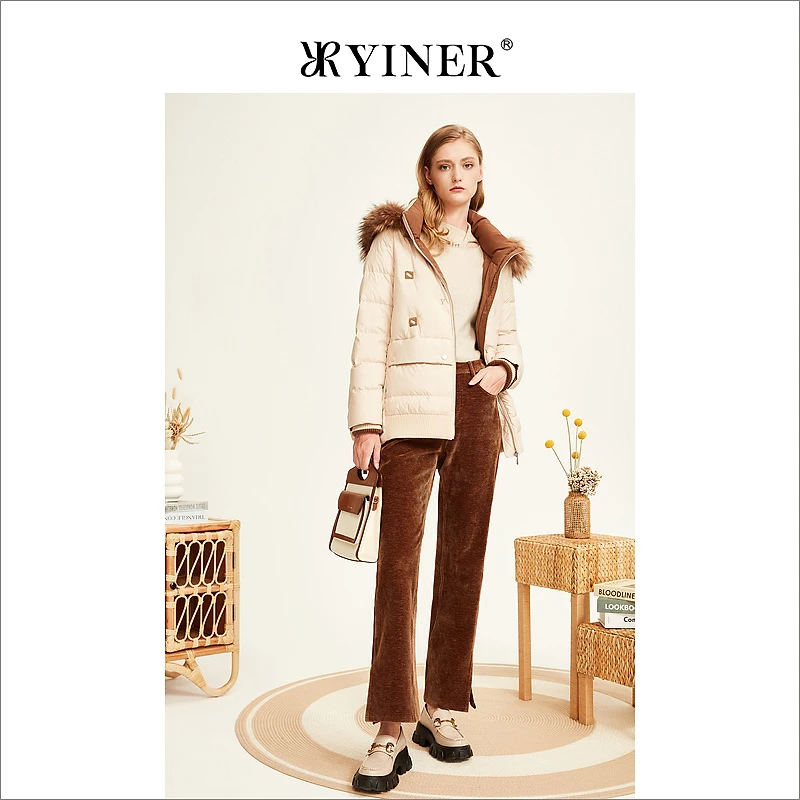YINER音儿女装冬季优雅貉子毛领连帽保暖白鹅绒羽绒服