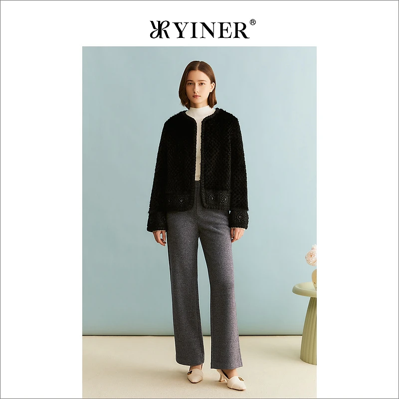 YINER音儿专选女装冬季绒暖水貂毛皮草钉珠兔毛外套