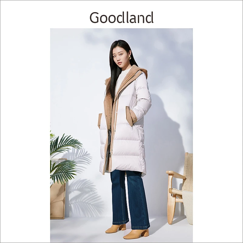 Goodland美地女装冬季撞色连帽设计感白鹅绒中长款羽绒服