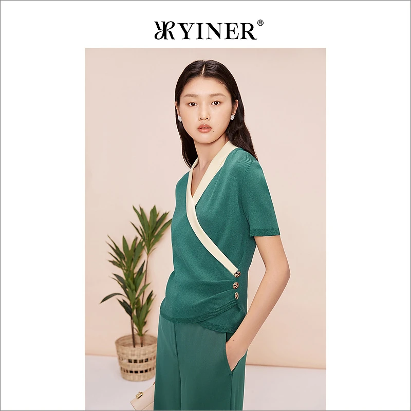 YINER音儿女装夏季时尚撞色V领短袖针织衫套头