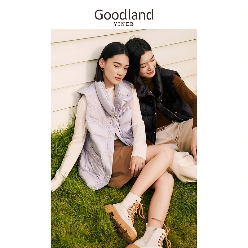 Goodland美地女装冬季保暖白鸭绒立领马甲羽绒服背心