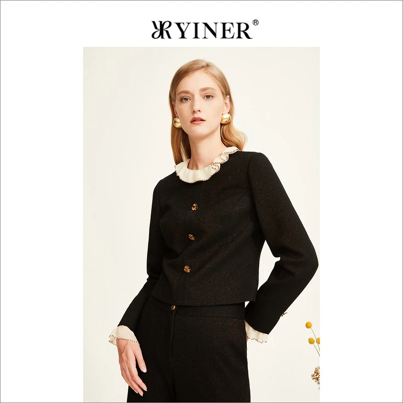 YINER音儿女装冬季撞色木耳领边羊毛衬衫高级感