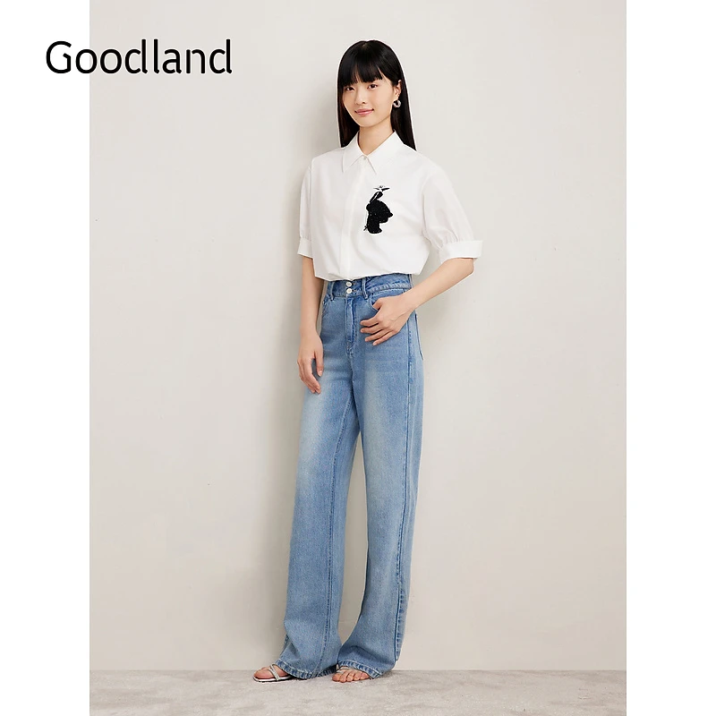 Goodland美地女装夏季法式优雅收褶刺绣长袖衬衫上衣