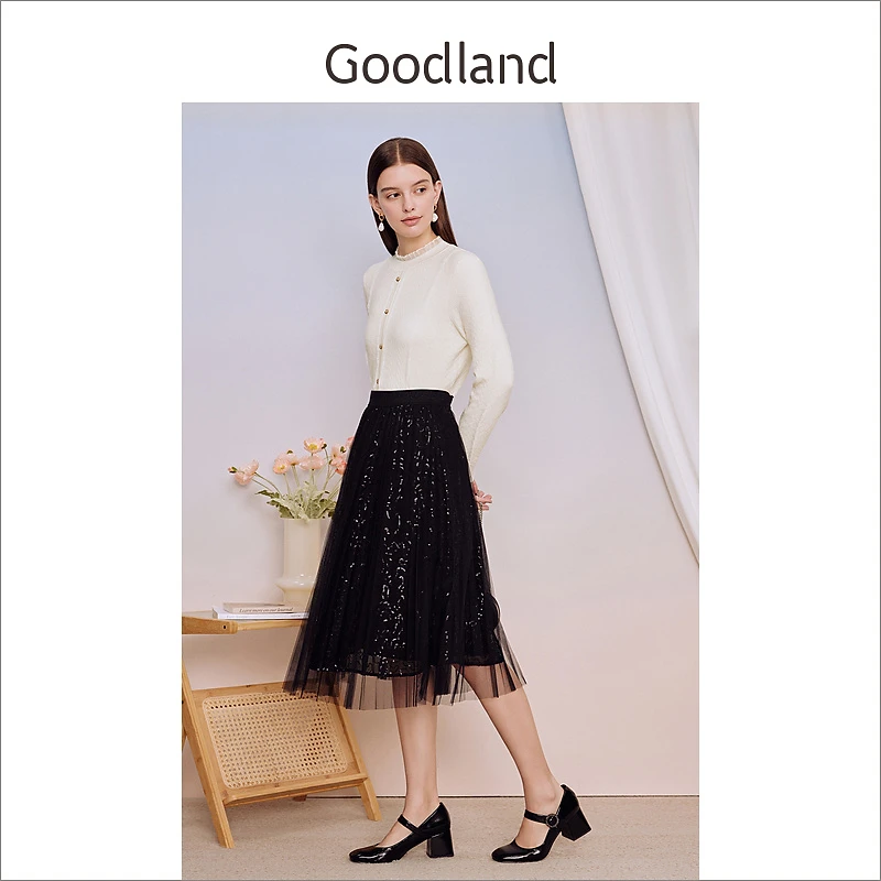 Goodland美地女装秋季法式针织衫羊毛混纺木耳花边上衣