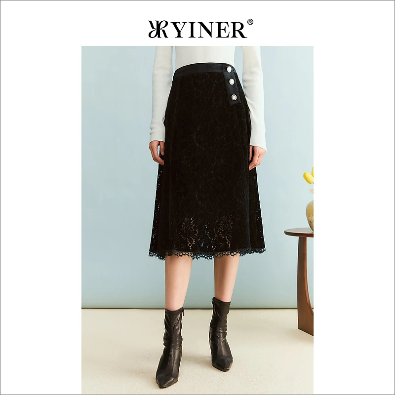 YINER音儿专选冬季丝绒蕾丝过膝小黑裙半身裙