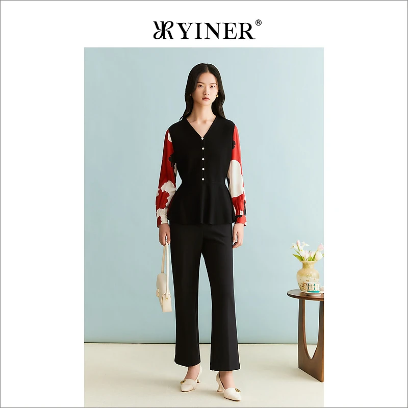 YINER音儿女装冬季绵羊毛撞色袖针织衫收腰套头上衣