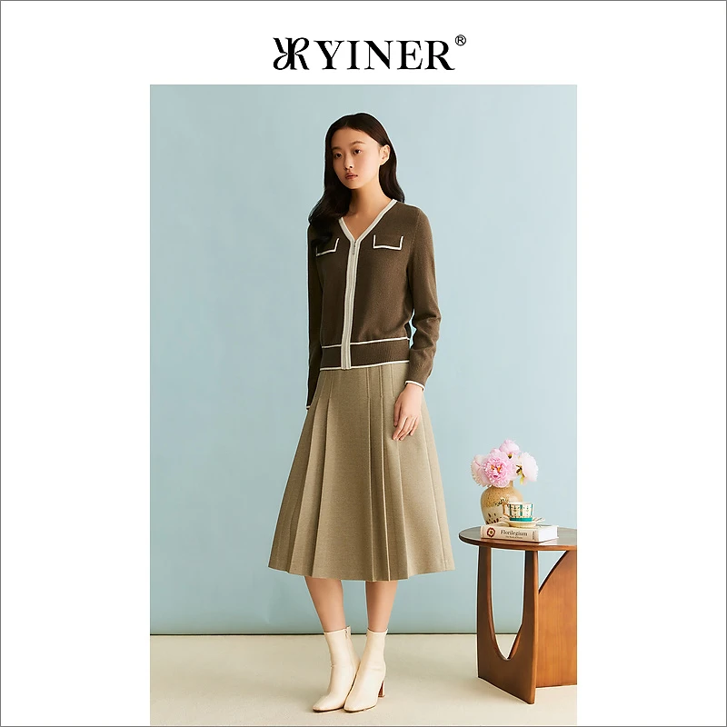 YINER音儿专选女装冬季法式优雅撞色V领羊毛混纺针织开衫
