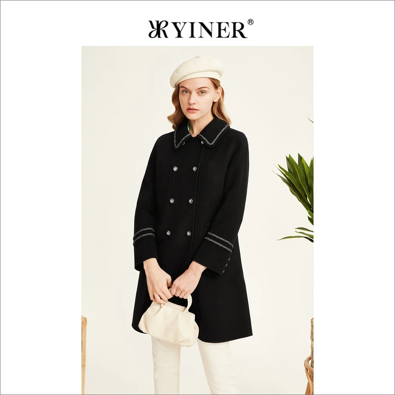 YINER音儿专选女装冬季时尚中长款双排扣纯羊毛双面呢大衣外套