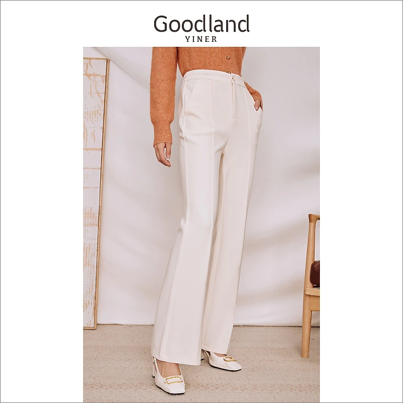 Goodland美地女装秋弹力斜纹针织修身微喇休闲裤