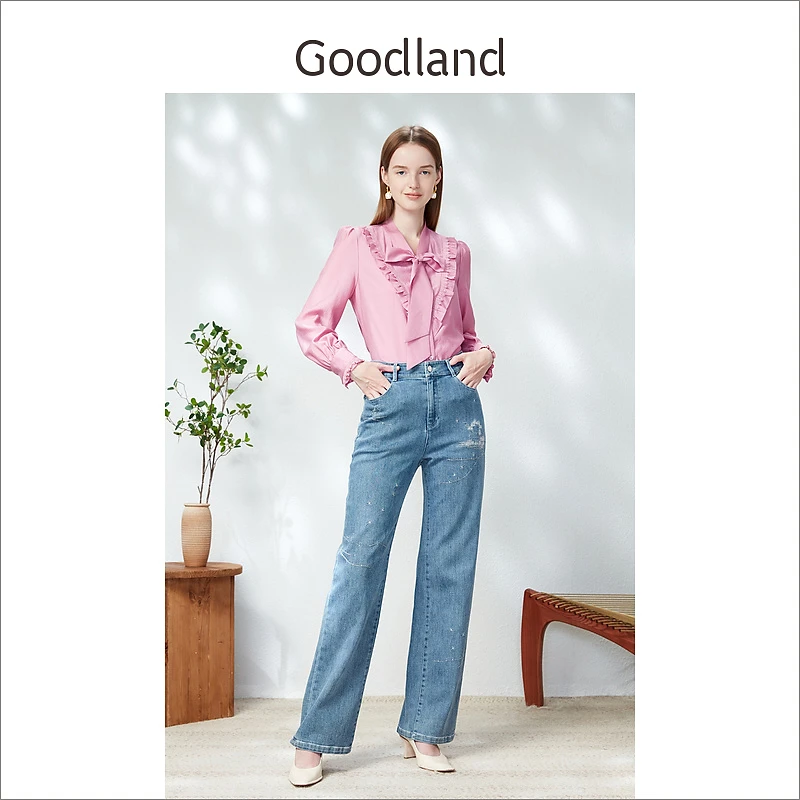 [醋酸]Goodland美地女装春季木耳花边设计感公主袖衬衫