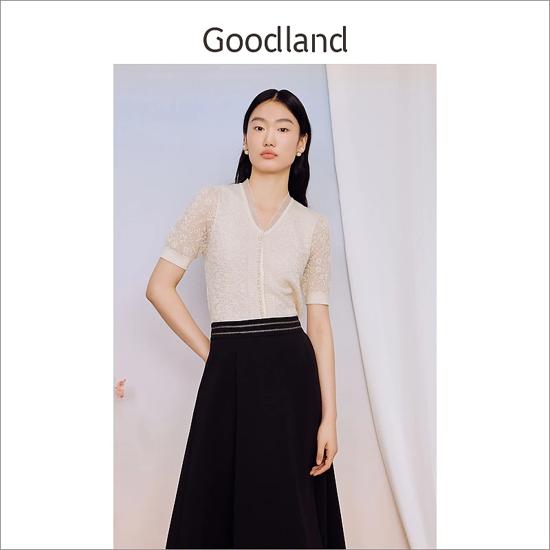 Goodland美地女装夏季时尚木耳花边拼接V领针织衫套头
