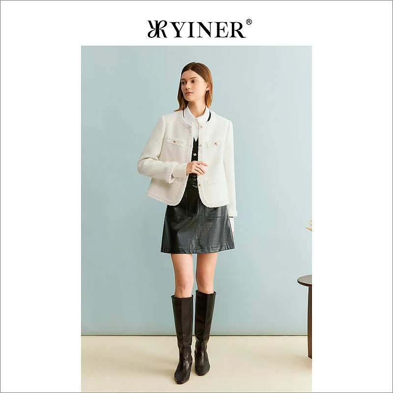 [名媛小香风]YINER音儿专选女装秋季新雅丹风奶油白毛须边短外套