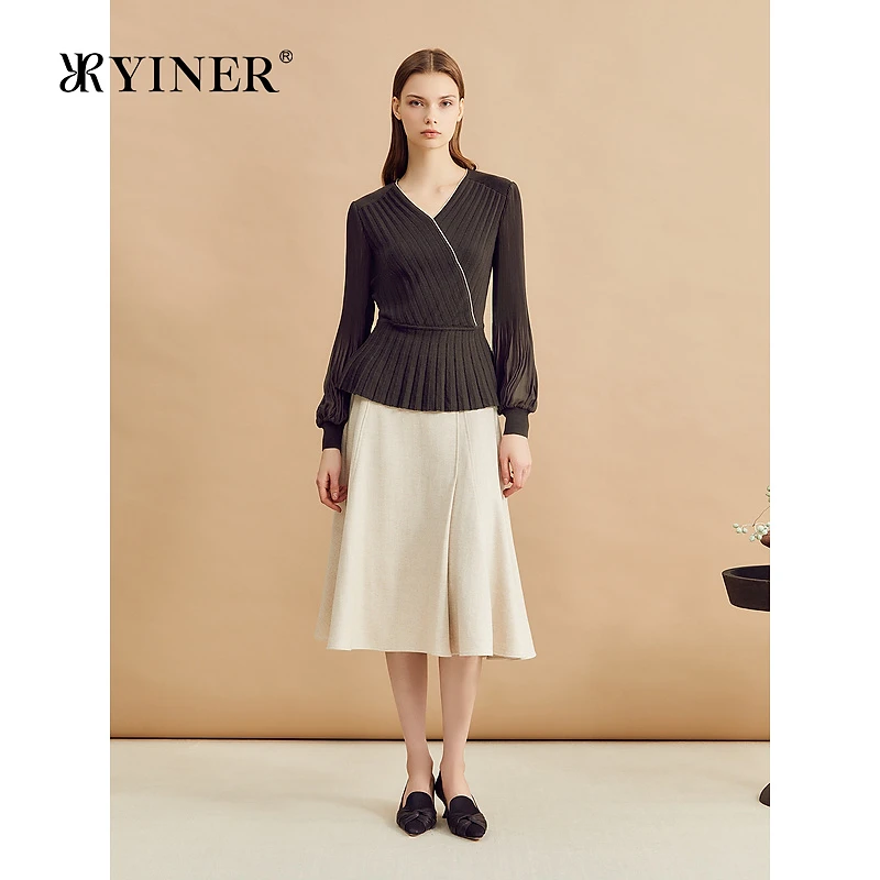 【美丽诺羊毛】YINER音儿2024冬季新款法式收褶美拉德毛针织衫