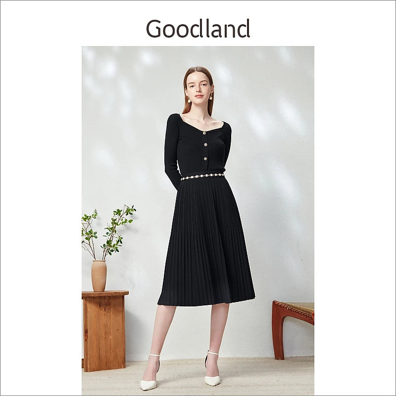 Goodland美地春季通勤雅致聚酯纤维百褶半身裙中长款