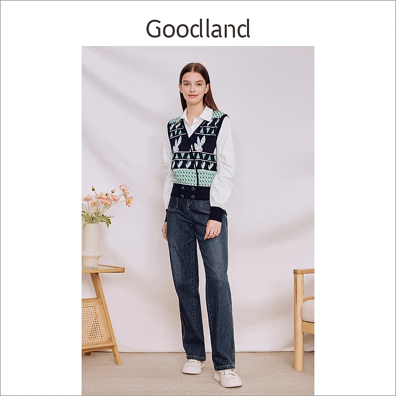 [假两件]Goodland美地女装秋季图案提花衬衫领针织衫上衣