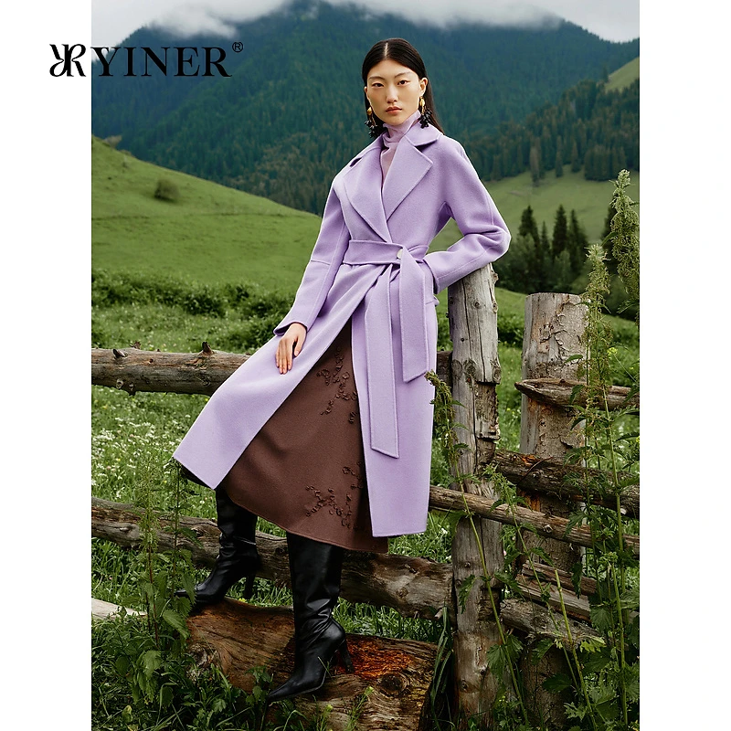 【绵羊毛+羊绒】YINER音儿2024冬季新款双面毛呢大衣丁香紫外套