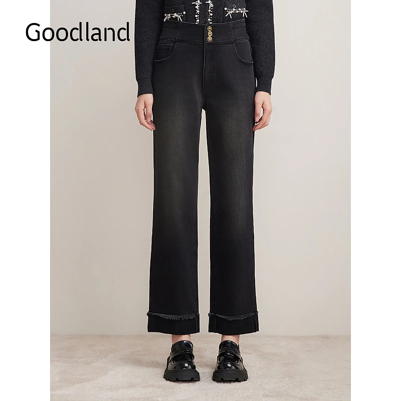 Goodland美地女装2024冬季新款弹力长裤高腰直筒抓毛牛仔裤