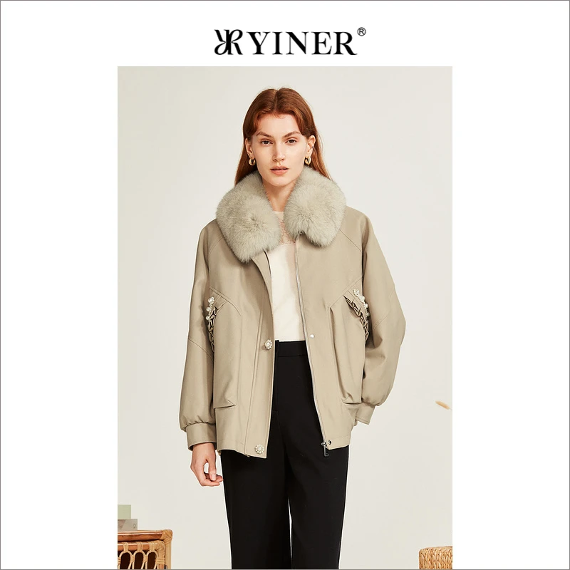 人造皮草 YINER音儿专选女装冬雅丹风狐狸毛领兔毛内胆钉珠派克服