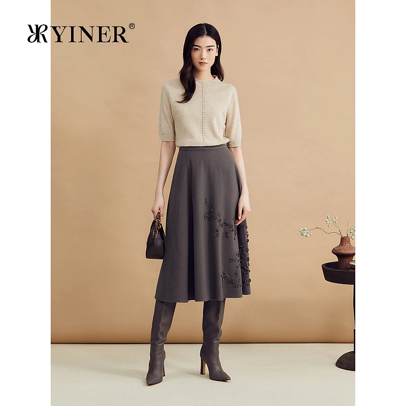 YINER音儿2024冬季新款美拉德半高领羊毛羊绒混纺针织衫套头