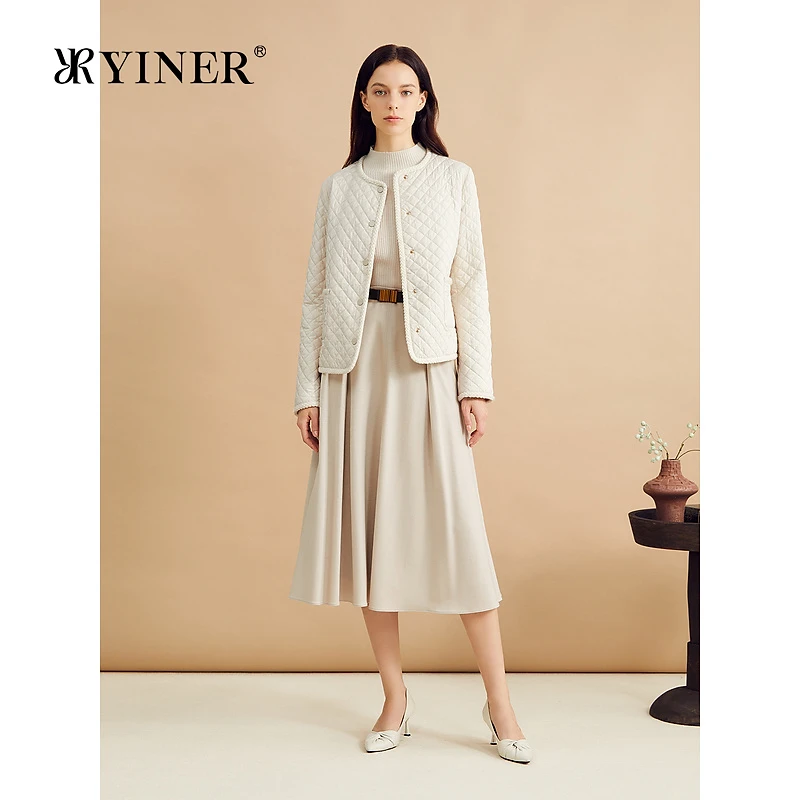 YINER音儿女装秋季法式小香风菱格纹保暖蚕丝棉内胆短外套
