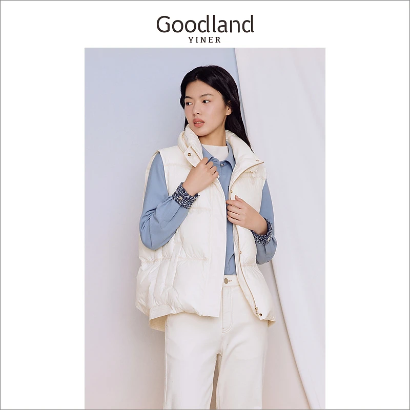 Goodland美地女装冬季保暖立领羽绒服米白色马甲