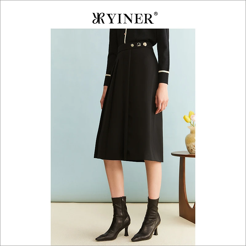 YINER音儿专选冬季简约压褶钉珠过膝小黑半身裙