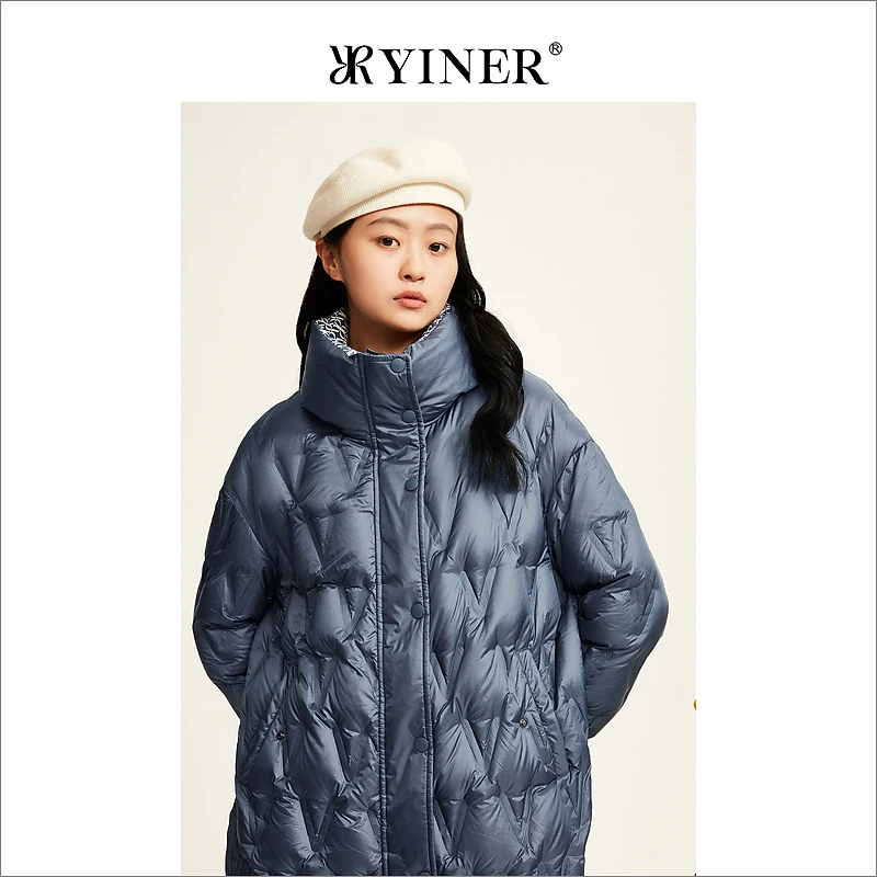 YINER音儿女装冬季优雅立领字母内里保暖白鹅绒羽绒服