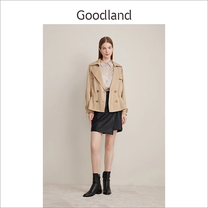 Goodland美地女装春季大翻领牛角双排扣极简解构风衣