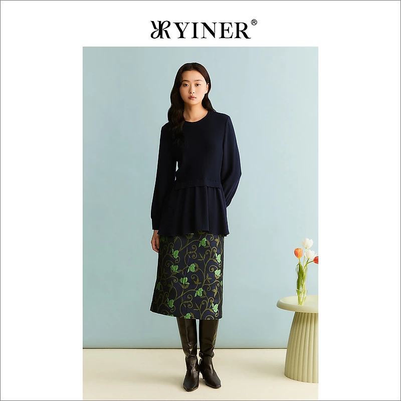 YINER音儿女装秋季法式优雅圆领收腰针织衫套头上衣