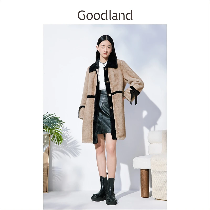 Goodland美地女装冬季撞色polo领毛绒中长款保暖慵懒风外套