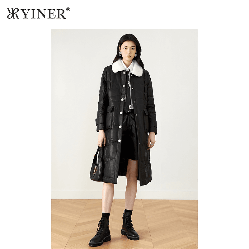 YINER音儿专选女装冬季长款水貂毛领真皮保暖白鸭绒羽绒服