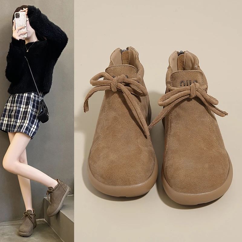 2024秋冬新款百搭休闲翻毛皮勃肯鞋女加绒平底防滑系带舒适女鞋