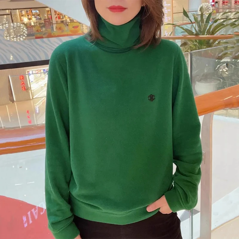 高领双面德绒打底衫女秋冬季内搭宽松显瘦洋气长袖加厚保暖卫上衣