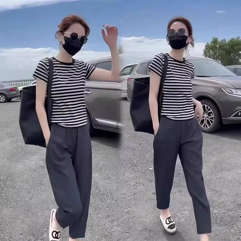 时尚套装女夏撞色条纹短袖T恤上衣宽松洋气显瘦减龄休闲裤两件套