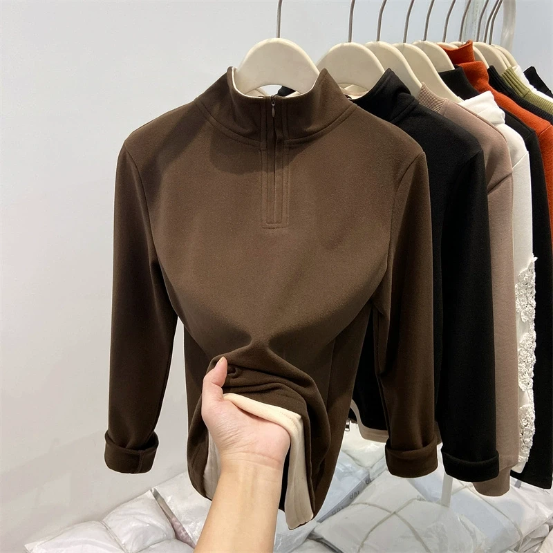 假两件T恤打底衫女秋冬新款修身立领半拉链时尚拼接加厚德绒上衣