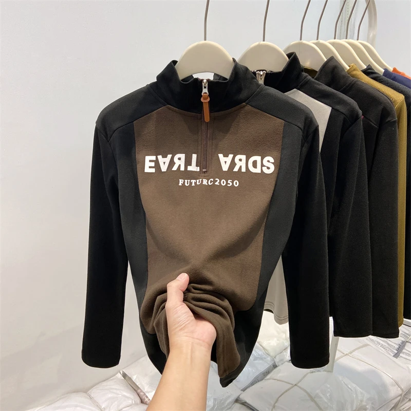 撞色插肩长袖T恤女秋冬加厚双面德绒保暖小个子半拉链立领打底衫