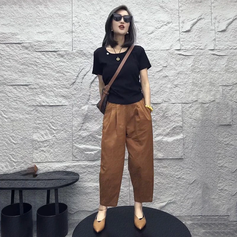 夏季时尚休闲套装女显瘦圆领T恤气质减龄洋气薄阔腿九分裤两件套