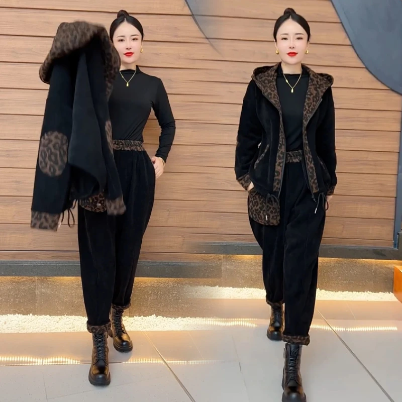 洋气时尚套装女秋冬季连帽外套高腰宽松哈伦裤休闲加绒保暖两件套