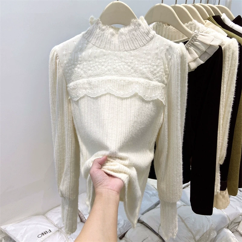 半高领蕾丝拼接雪纺打底衫女秋冬季新款宽松显瘦加绒保暖外穿上衣
